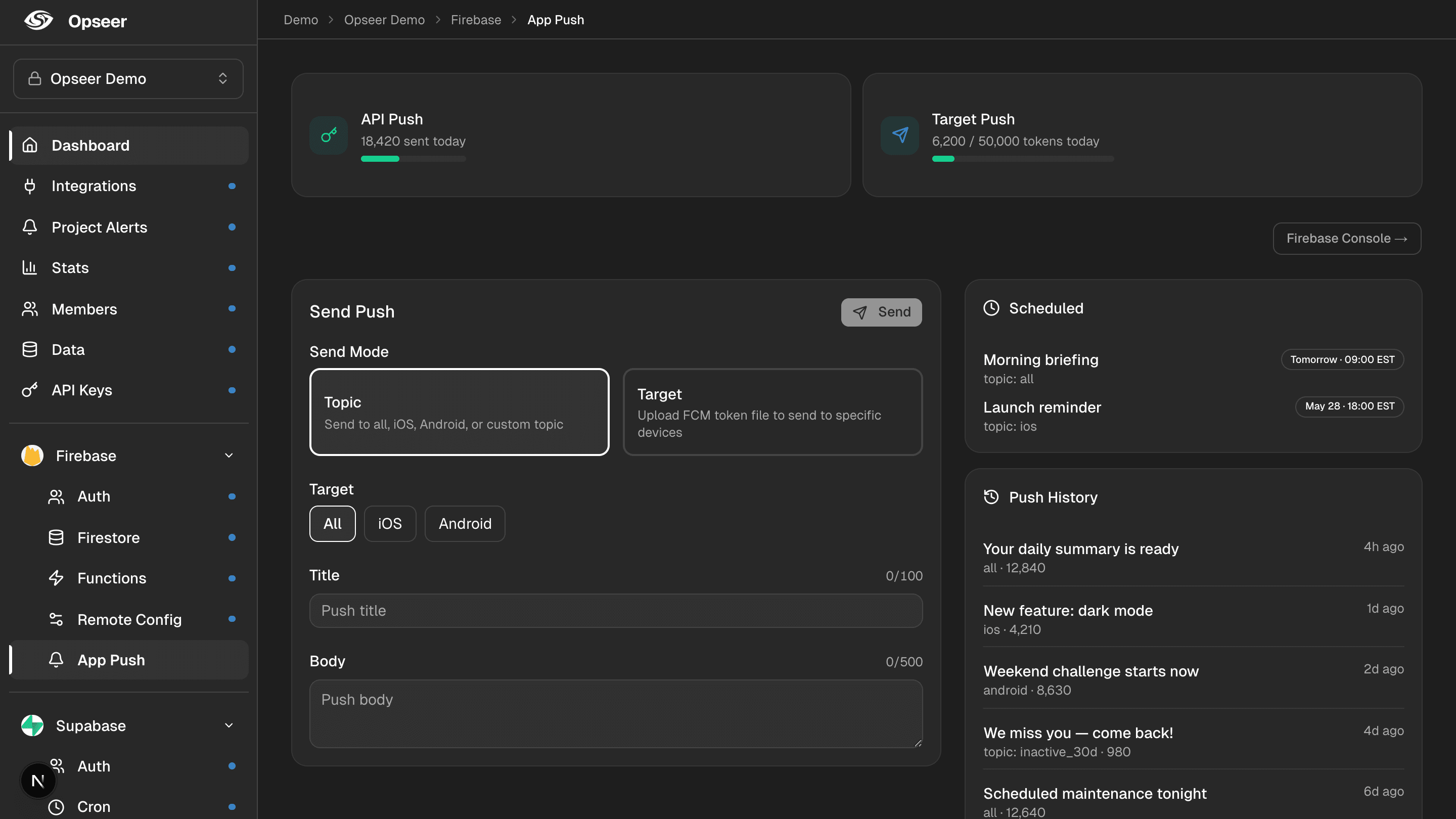Firebase admin — Opseer dashboard preview